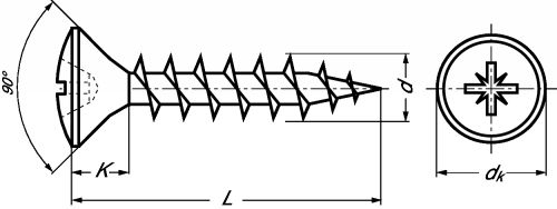 Pozidriv cross recessed raised countersunk head chipboard screw - stainless steel a2 inox a2 (Schema)