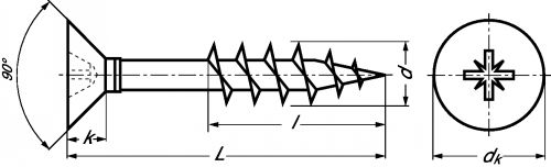 Pozidriv cross recessed countersunk head chipboard screws - partial thread / stainless steel a2 inox a2 (Schema)