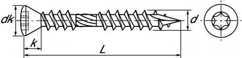 Six lobes raised countersunk head decking screw - stainless steel aisi 410 aisi 410 (Schema)