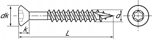 Six lobes countersunk head decking screw for hard wood - stainless steel a2 inox a2 (Schema)