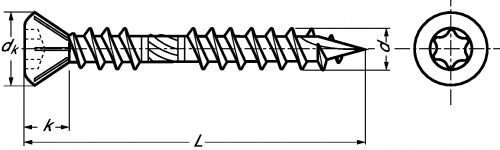 Vis pour bois dur à tête fraisée réduite - six lobes double filet inox a2 (Schéma)