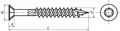 Vis façade pour bois tendre à tête fraisée six lobes inox a2 (Schéma)
