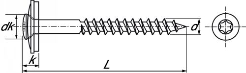 Six lobes raised countersunk head screw + epdm washer ø 15 - stainless steel a2 inox a2-cu (Schema)