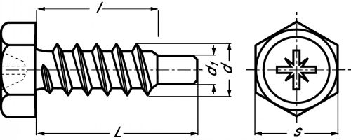 Self tapping screw hexagon head pozidriv cross recessed with pilot end - stainless steel a2 inox a2 (Schema)