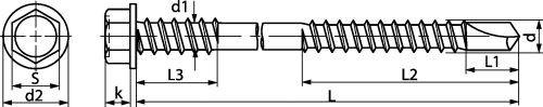 Hexagon head with flange self-drilling screw double thread point 3 - steel and stainless steel a2 inox a2 (Schema)