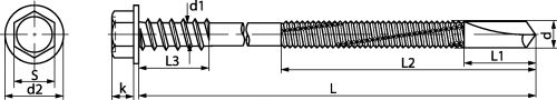 Hexagon head with flange self-drilling screw double thread point 5 - steel and stainless steel a2 inox a2 (Schema)