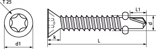 Six lobes countersunk head serrated self-drilling screw with winglets point 3 - steel and stainless steel a2 inox a2 (Schema)