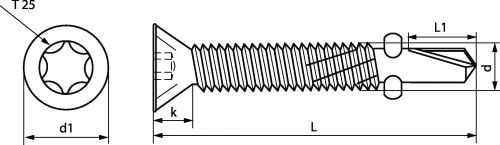 Vis autoperceuse à ailettes tête fraisée crantée six lobes pointe 5,bi-métal inox a2 (Schéma)