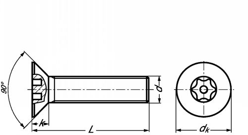 Vis à métaux tête fraisée six lobes inviolable avec téton central inox a2 (Schéma)