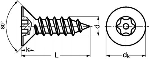 Vis à tôle tête fraisée six lobes inviolable avec téton central inox a2 (Diagrama)