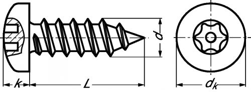 Vis à tôle tête cylindrique bombée six lobes inviolable avec téton central inox a2 (Diagrama)