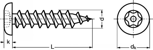 Self tapping security wood screw pan head for strap hinges - six lobes recess with pin - stainless steel a2 inox a2 (Schema)