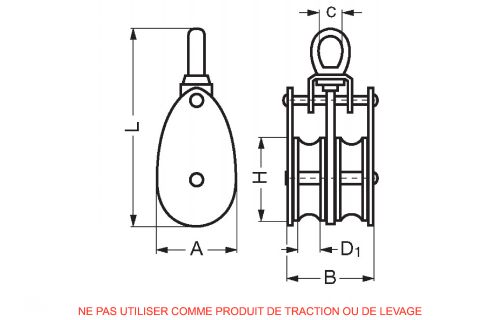 Swivel eye  pulley double sheaves - stainless steel (Schema)