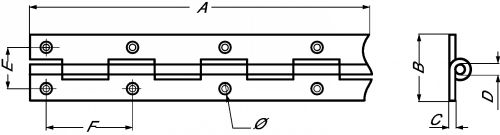 Charnière à piano noeud roulé percée fraisée épaisseur 0,6 inox 304 (Schéma)