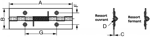 Charnière rectangulaire percée à noeud roulé à ressort ouvrant ou fermant inox 304 (Schéma)