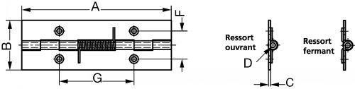 Rectangular drilled hinge rolled knuckle with opening or closing spring - stainless steel 304 inox 304 (Schema)