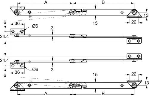 Compas avec pattes de fixation et cran de sécurité (à gauche ou à droite) inox 304 (Schéma)