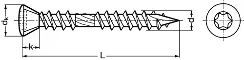 Vis pour terrasse, tête fraisée bombée six lobes double filet inox a4 (Schéma)