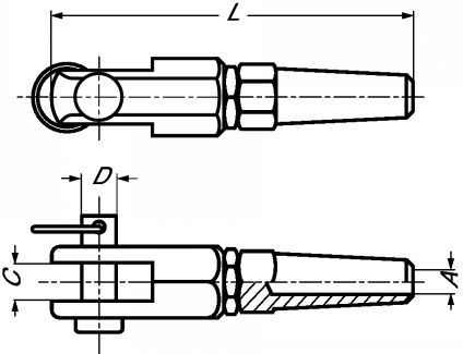 Small threaded machined fork stud - right threaded - stainless steel a4 inox a4 (Schema)