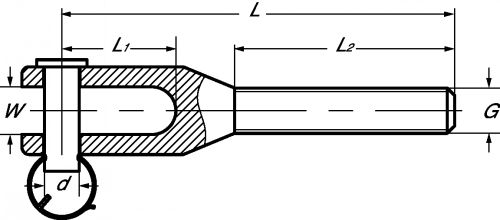 Small threaded machined fork stud - left threaded - stainless steel a4 inox a4 (Schema)