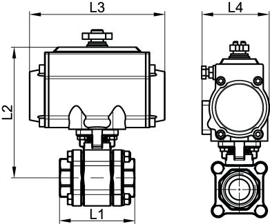 Vanne 3 pièces F/F avec vérin pneumatique inox - Schéma