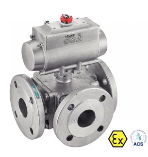 Vanne 3 voies &agrave; brides avec v&eacute;rin pneumatique inox