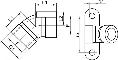 Coude femelle / femelle avec platine de fixation - Schéma