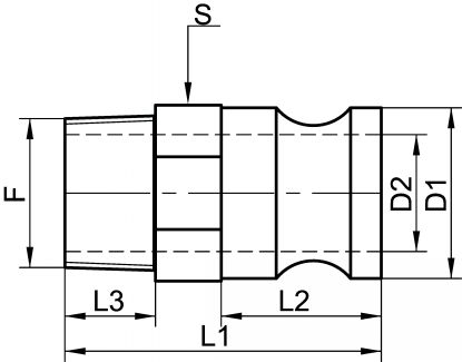 Adaptateur mâle filetage Gaz conique type F - Schéma