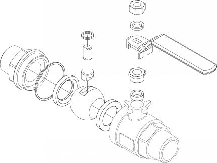 Vanne 2 pièces mâle / mâle Gaz - Vue éclatée