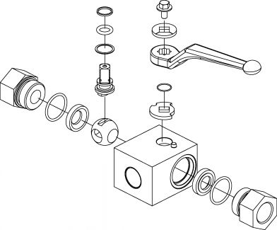 Vanne à boule haute pression 3 voies taraudage NPT  - Vue éclatée
