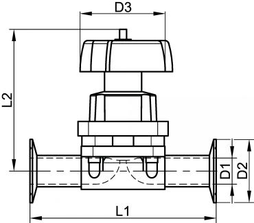 Vanne à membrane manuelle, bouts clamp - Schéma