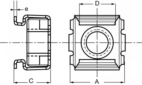 Square caged nut to clip with rear mounting - stainless steel cage - zinc plated nut cage inox / ecrou acier zingué (Schema)