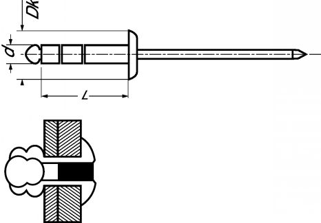 Rivet multi-serrage tête plate, corps aluminium et tige acier zingué alu/acier (Diagrama)
