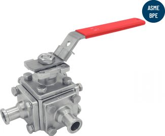 Clamp sanitary 3-way ball valve - stainless steel cf3m