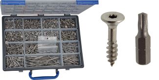 Set of countersunk flat head  six lobes recess chipboard screw + bits